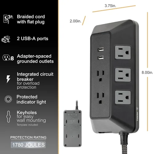 Vista 7 de GE SurGE - Tira de alimentación protectora con puertos USB, cable de extensión trenzado de 3 pies, 1780 julios, extensor de 8 tomas, 2 puertos