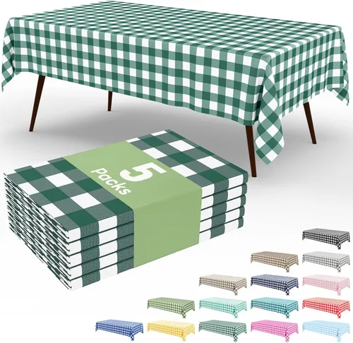 Vista 55 de Smiry Paquete de 3 Manteles Desechables de Cuadros Gingham Color Caqui - 54" x 72" Mantel de Plástico de Servicio Pesado, Cubiertas de Mesa