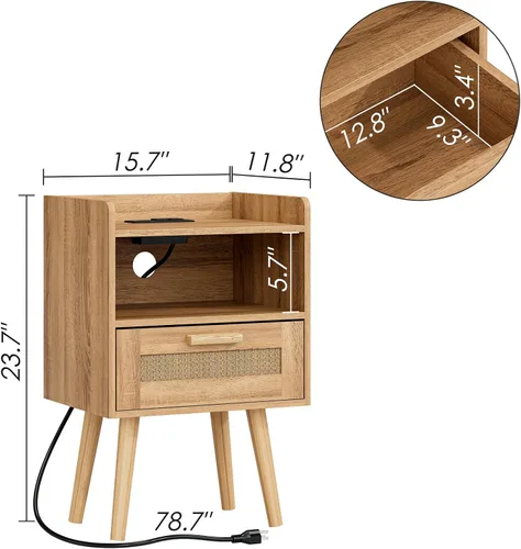 Vista 2 de Masupu Mesita de noche, mesita de noche pequeña con dos cajones, mesita de noche blanca, muebles de noche, mesa auxiliar moderna de mediados