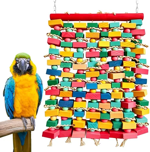Vista 8 de Juguetes de pájaros extra grandes para guacamayos, bloques de madera multicolor juguete para masticar pájaros, jaula de loro, juguete de mordida