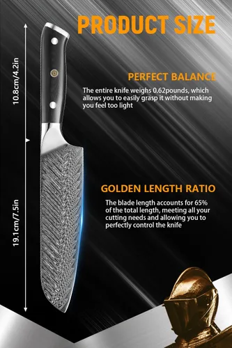 Vista 2 de Cuchillo Santoku de 7 pulgadas, cuchillos japoneses AUS-10 de cocina de acero Damasco con diseño de mango ergonómico