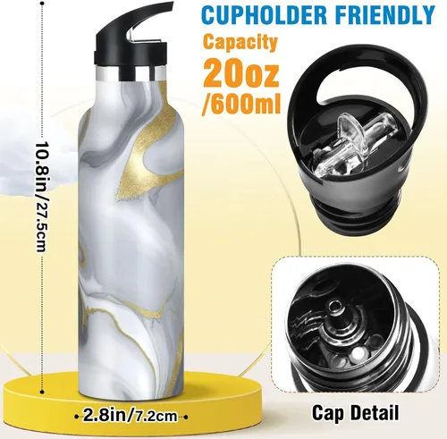 Vista 2 de Kids Water Bottle for School Leakproof Sports Water Bottle for Boys Girls 20oz, BPA-Free, Grey Gold Marble Texture