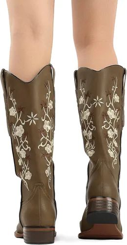 Vista 6 de SO SIMPOK Botas vaqueras bordadas con flores para mujer, botas vaqueras retro, botas occidentales, botas de media pantorrilla