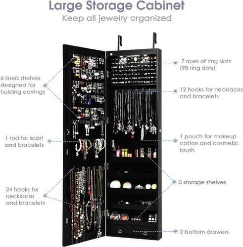 Vista 3 de Giantex Armario de joyería para puerta de pared con espejo de longitud completa 2 LED con cerradura grande organizador de joyas con espejo ancho