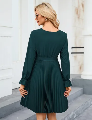 Vista 5 de KOJOOIN Vestido plisado de manga larga abombada para mujer, cuello en V, volantes, casual, con cinturón, vestido midi para baby shower, sesión