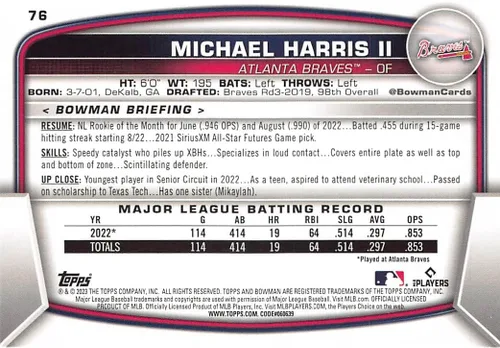 Vista 2 de Tarjeta de novato de Michael Harris II 2023 Bowman #76