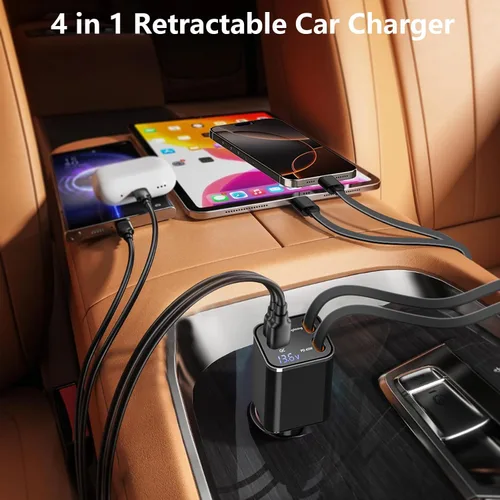 Vista 9 de [Apple MFi Certified] Retractable Car Charger, Linocell 120W USB C Car Charger 4 in 1 PD/QC Type C Fast Charging Cigarette Lighter Adapter for