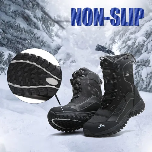 Vista 4 de Botas de nieve para hombre, impermeables, aisladas, de invierno, color negro, con forro de piel de goma, cálidas, ligeras, para exteriores, suela