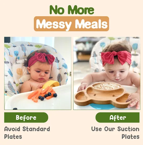 Vista 7 de Platos de bambú para niños - Platos para bebés y niños pequeños con succión para alimentación y destete, diseño de oso ecológico que promueve
