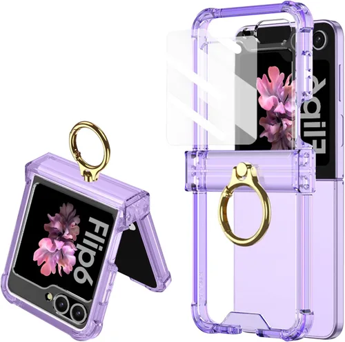 Vista 9 de Funda transparente para Samsung Galaxy Z Flip 6, protección de bisagra de lujo con soporte de anillo y protector de pantalla, funda suave todo Negro