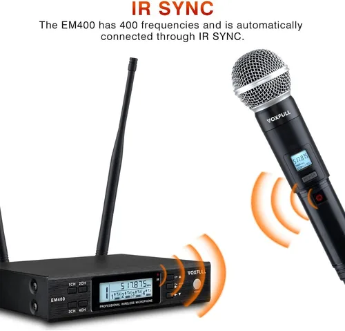 Vista 2 de Micrófono inalámbrico UHF de 4 canales, micrófonos de mano inalámbricos profesionales para cantar karaoke, iglesia, frecuencia ajustable de 4 x 100