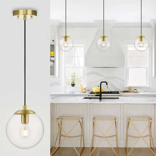 Vista 2 de XiNBEi Lighting - Lámpara colgante de globo de 8 pulgadas con latón satinado de vidrio transparente Mid Century Modern, Adjustable, Round Hanging