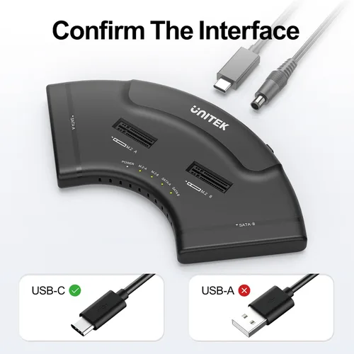 Vista 8 de Unitek Carcasa para disco duro dual M.2 y SATA dual 4 en 1, estación de acoplamiento USB-C de 4 bahías para 2X NVMe PCIe y 2 unidades de disco duro