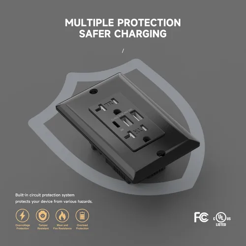 Vista 2 de Toma USB C, receptáculo de carga de alta velocidad de 6.0 A con puerto tipo C y A, receptáculo dúplex resistente a manipulaciones de 20 amperios