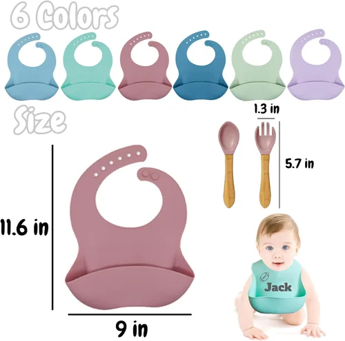 Vista 4 de FCQIANKM Juego de baberos de silicona personalizados para bebés, cuchara y tenedor con icono de nombre, baberos personalizados para niños pequeños