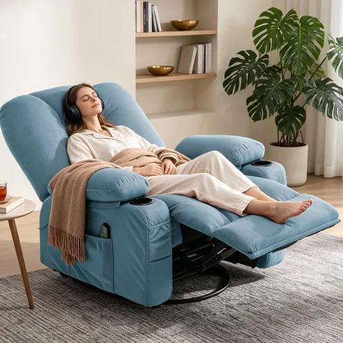 Vista 4 de Rocker - Silla reclinable con masaje y calor, sillón reclinable giratorio con relleno con soporte para tazas, bolsillo lateral USB, sofá mecedora