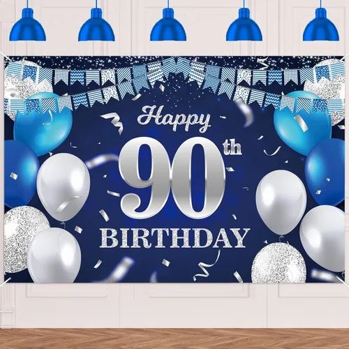Vista 16 de Bandera de feliz primer cumpleaños con fondo azul marino, globos, confeti, bandera de rayas, luces de puntos, felicitaciones por el tema de 1 año