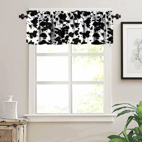 Vista 2 de Cenefa de piel de vaca blanca y negra, con estampado de animales de granja occidental, cortina corta opaca para ventana de granja, cocina