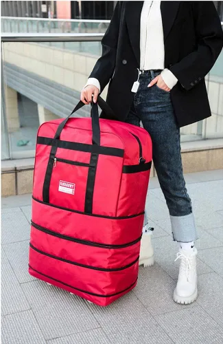 Vista 4 de Radefasun Bolsa de viaje expandible de Oxford con ruedas, impermeable, ligera, plegable, para viajar, Rojo