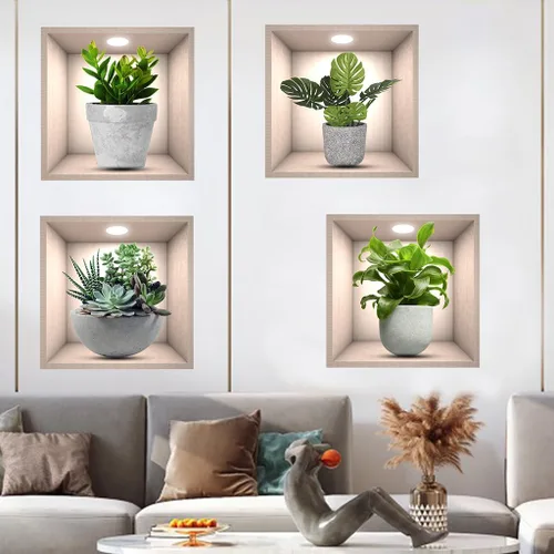 Vista 3 de Calcomanías creativas 3D de pared de plantas verdes, calcomanías de pared creativas para bricolaje, despegar y pegar, calcomanías adhesivas de pared