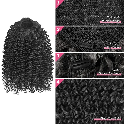 Vista 5 de Extensión de cola de caballo rizada profunda con cordón para mujeres negras, extensiones de cabello sintético con 2 clips, 14 pulgadas (1B)