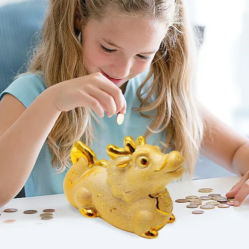 Vista 3 de Banco de dinero de dragón dorado, bonita caja de dinero, soporte para dinero familiar, almacenamiento de dinero de dragón, estatua de cerámica