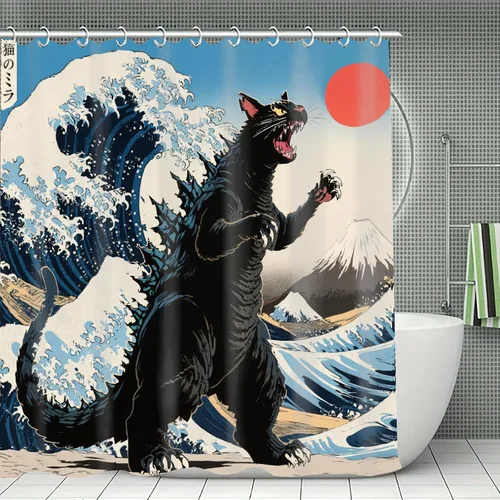 Vista 7 de Divertidos juegos de cortinas de ducha con diseño de gato, bonita cortina de ducha para niños, tela lavable y duradera, cortina de ducha de 72 x 72
