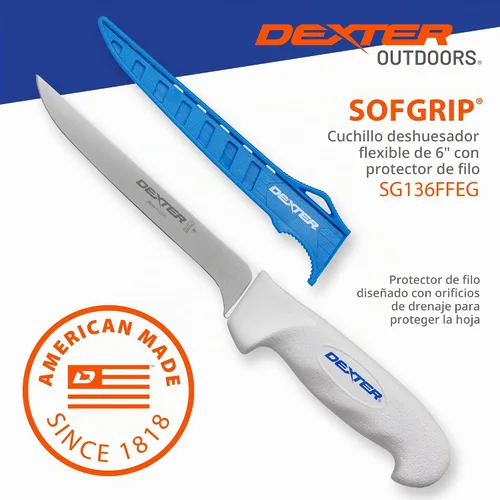 Vista 3 de Cuchillo de filete Dexter Outdoors de 6" con mango suave SOFGRIP Incluye protector de filo High-carbon American stainless blade sized for