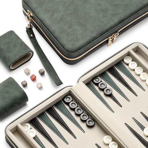 Vista 13 de Juegos de backgammon para adultos y niños, tablero clásico de backgammon con dados de damas únicos, funda plegable de cuero sintético para Negro
