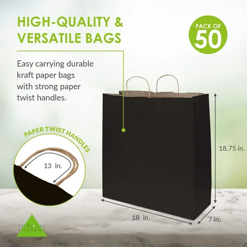 Vista 4 de Prime Line Packaging Bolsas de regalo negras, bolsas de regalo de papel kraft con asas para pequeñas empresas, bolsas de compras extra grandes