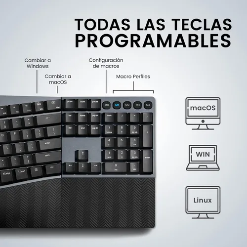 Vista 5 de Perixx PERIBOARD-535BL ES Teclado dividido mecánico ergonómico con Cable - nterruptores Clicky Azules de Bajo perfil - Teclas programables