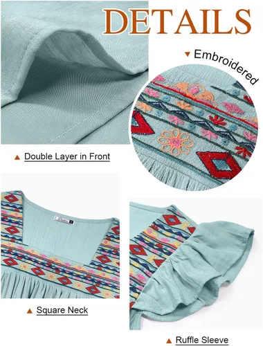 Vista 5 de DOROSE Blusas bordadas con cuello cuadrado para mujer, blusas campesinas bohemias con mangas con volantes
