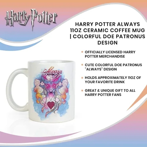 Vista 6 de Harry Potter Taza de café Always de 11 onzas, diseño colorido de Doe Patronus, regalo para niños, niñas, adolescentes, adultos, mujeres, día