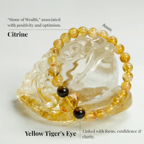 Vista 3 de Pulsera de cuarzo rutilado dorado y cristal curativo de ojo de tigre, diseño de cuentas de energía natural y atracción de riqueza, regalo