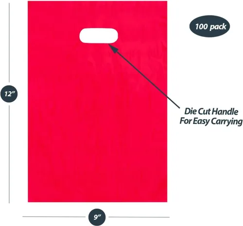 Vista 2 de Bolsas de compras de plástico con mango troquelado rojo 9x12 100/cs