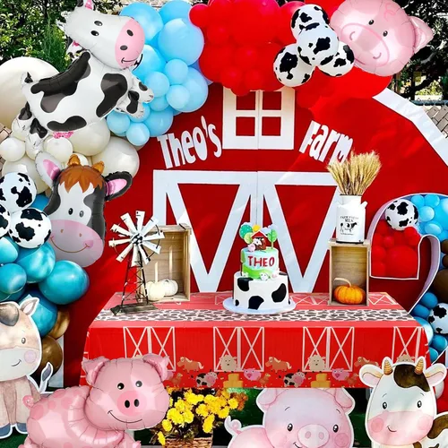 Vista 5 de Mantel de plástico desechable de granja para picnic, baby shower, cumpleaños, corral, granja, temática de animales, suministros de decoración