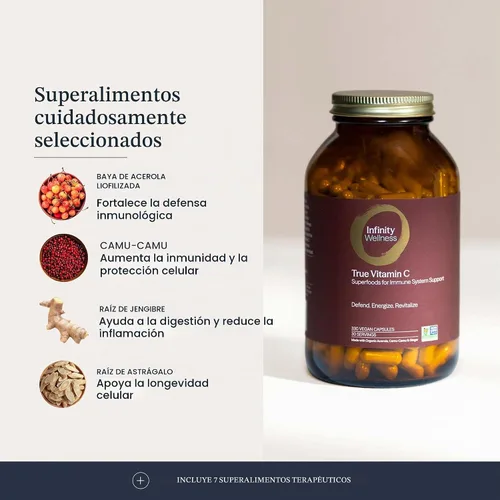Vista 3 de Infinity Wellness - Tarro de cápsula de vitamina C, biodisponible VIT C de Acerola, Camu Camu y Amla, alimentos integrales con vitamina C de 1000