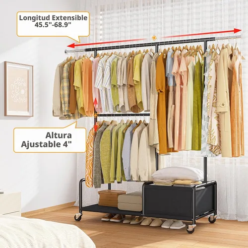 Vista 6 de Raybee Percheros para colgar ropa, perchero ajustable con ruedas bloqueables, estantes de almacenamiento, estante multifuncional para dormitorio