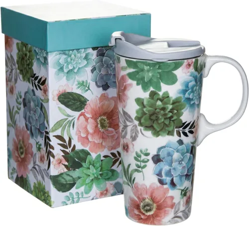 Vista 11 de Taza de cerámica Topadorn de porcelana para café con leche y té con caja de regalo, 17oz. Taza de viaje con tapa, estilo de navegación vintage