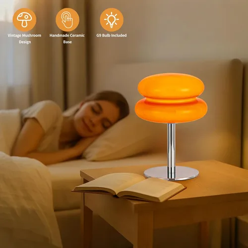 Vista 4 de Lámpara vintage de hongos, lámpara de cristal naranja con base de metal, lámpara de mesita de noche regulable para dormitorio, sala de estar