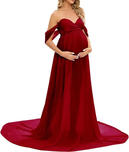 Vista 4 de ZIUMUDY Vestido largo de gasa de maternidad para sesión de fotos, fotografía con hombros descubiertos, vestido de gasa transparente envuelto