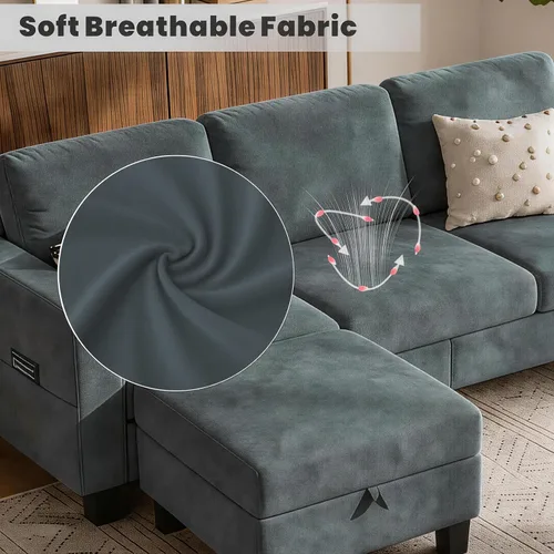 Vista 4 de Sofá modular de 78 pulgadas para sala de estar, sofá azul en forma de L con otomana de almacenamiento, asiento profundo, juego de sofá de tela