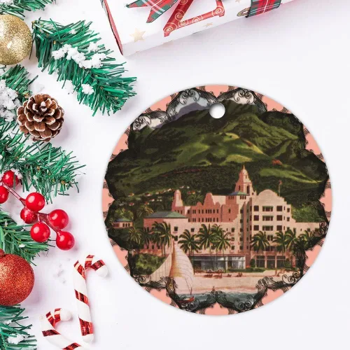 Vista 3 de Adorno de cerámica colgante para árbol de Navidad, adorno de Navidad de hotel hawaiano real, adorno de Navidad, recuerdo, decoraciones navideñas