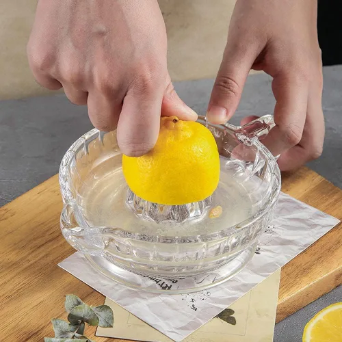 Vista 3 de Exprimidor de cítricos con mango y boquilla de vertido, exprimidor manual de vidrio para limón pequeño y naranja pequeña