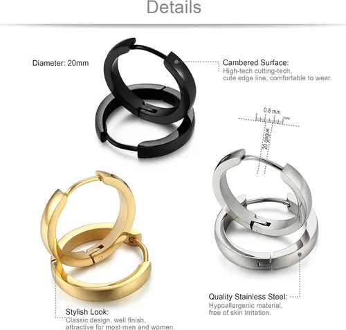 Vista 2 de Jstyle Aretes de aro de acero inoxidable para hombre y mujer