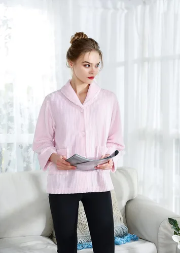 Vista 3 de Chaqueta de cama con cuello de chal de forro polar coral con aguja azul para mujer