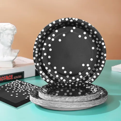 Vista 4 de 150 platos negros y servilletas suministros para fiesta, platos de papel negro Severs 50, decoraciones de fiesta plateadas para graduación