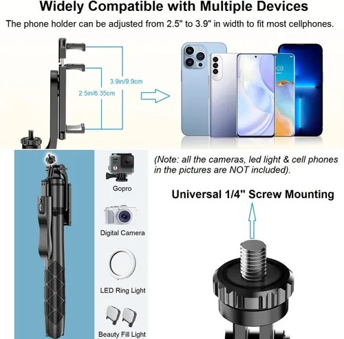 Vista 5 de Trípode de teléfono de 60 pulgadas y palo para selfie, trípode extensible todo en uno para teléfono celular, rotación de 360° con control remoto