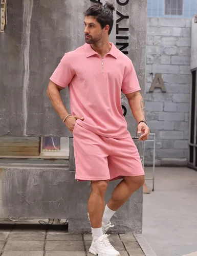 Vista 3 de Babioboa Conjunto de camisa polo y pantalones cortos de manga corta para hombre, conjunto de dos piezas, 3 bolsillos con cremallera, ropa deportiva