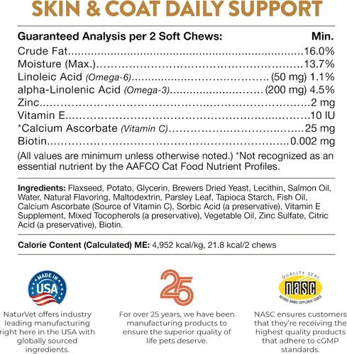 Vista 8 de NaturVet Skin and Coat Plus Aliento para perros, 70 unidades masticables suaves, fabricados en los Estados Unidos con ingredientes de origen mundial